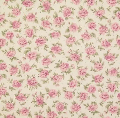 Pink Floral 100% Cotton Fabric Tea Rose & Hubble Poplin Green Ivory Vintage • £7.99