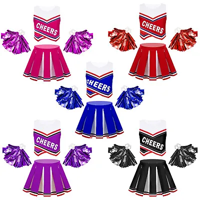 UK Girls Cheerleading Costume Tank Tops + Skirt Flower Balls Cheer Leader Outfts • £8.18