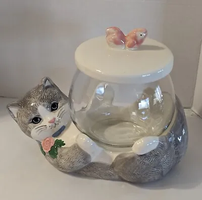 Treasure Craft Ceramic Vintage Cookie Jar Gray Kitty Cat Fish Lid Glass Bowl 3pc • $34.99