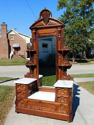 Walnut Victorian Drop Center Dresser With Etegere Top And Large Mirror • $1800