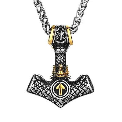 Men's Gold Norse Viking Odin's Valknut Thor Hammer Mjolnir Pendant Necklace Gift • $7.99