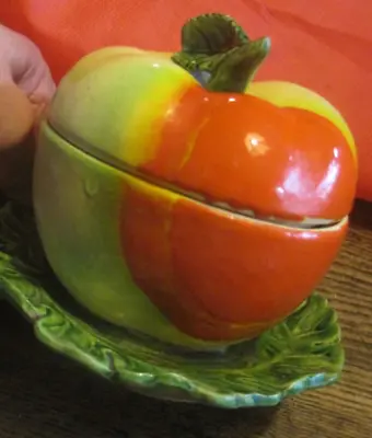 VTG Tomato SHAPE W/ Lettuce Leaf SAUCER Covered Condiment Bowl MADE JAPAN • $9.99