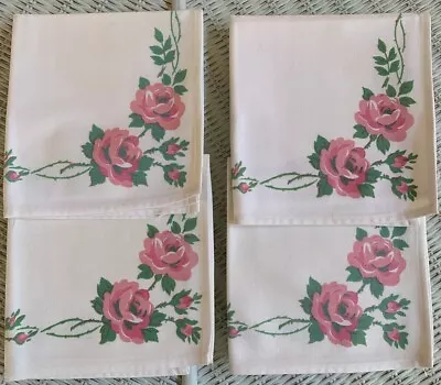 Vintage 1950’s Set Of 4 Cloth Napkins ~ Nice Condition ~ Pink Roses • $14
