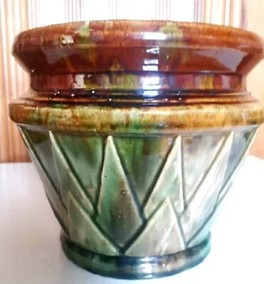 McCoy Blended Brown/Green Majolica 1920s Art Pottery  V  Design Jardiniere • $99