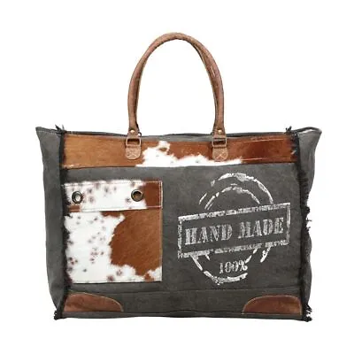 Handmade Print Weekend Overnight Cow Hide Canvas Bag - S-1201 - Myra • £49.99