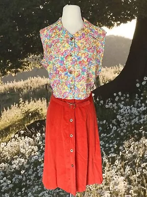 Vintage 70s Altogether Fashions Dress Size 18 Floral Corduroy Orange Multicolor • $35