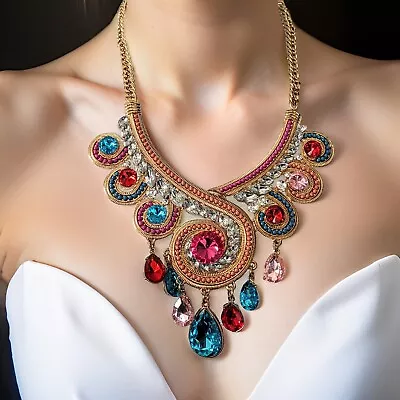 Gold Tone Filigree Multi Color Glass Stones Bohemiam Style Bib Necklace • $8.26