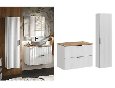 Bathroom Vanity Countertop Set 80cm Ribbed White/Oak Effect Wall Hung Units Adel • £529.95