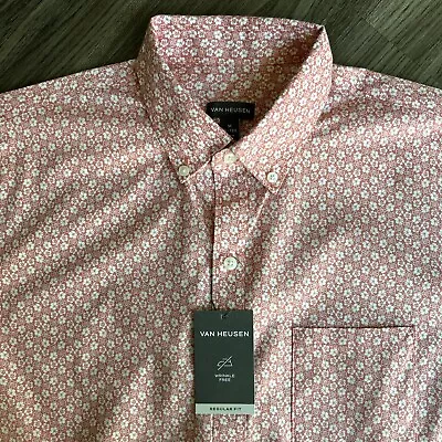Van Heusen Short Sleeve Button Down Flower Print Pink Men’s Size Medium NWT • $18.97