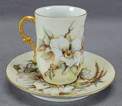 Limoges Hand Painted Signed Hoyt Wild Roses Yellow Gold Chocolate Cup & Saucer A • £156.83