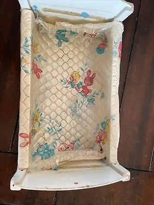 Vintage Doll Bed White Wicker Deer Decals Quilted Crib Cradle • $19.50