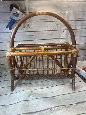 Vintage Magazine Rack Rattan Woven Wicker Bamboo Double Basket Stand Mid-century • $49.50