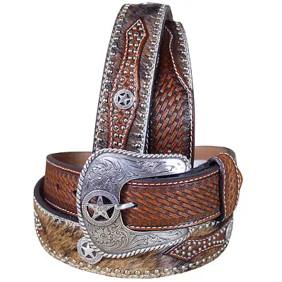 39MF Western Cowboy Belt Nocona Hair Star Concho Brown Leather 34-46 Ines • $85