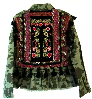 Zara Size Xs Camo Button Up Jacket Tons Of Flower Embroidery Ribbon Tassel Poms • $25.99