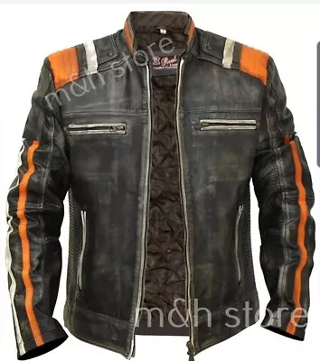 Men's Retro 3 Cafe Racer Biker Vintage Motorcycle Distressed Cow Leather Jacket • $129.99