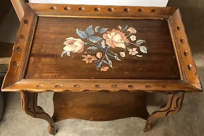 Vintage Hand Painted Tray Top Coffee Table End Table Flower Floral 24” X 15” MCM • $119.95