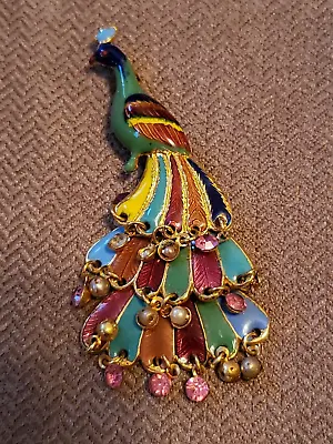 Vintage Colorful Enamel Articulated Peacock  Brooch~Pin Rhinestones 3  • $9.99