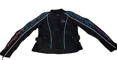 Harley Davidson Women's Black Turquoise Purple Tattoo Mesh Riding Jacket Size M • $55.24