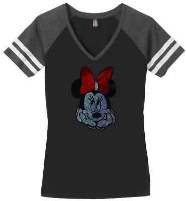 Women's Minnie Mouse T-Shirt Disney Ladies Tee Shirt S-4XL Bling V-Neck • $25.49