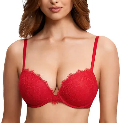 DOBREVA Women's Push Up Bra Lace Plunge Padded Support Underwire Bras Full Cup • £27.99