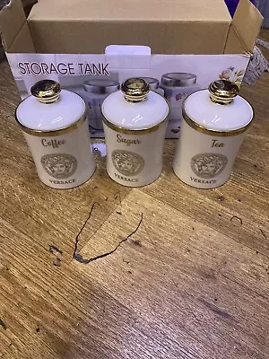 Tea Coffee Sugar Jar White Gold Storage Set Ceramic Air Tight Canister • £29.99
