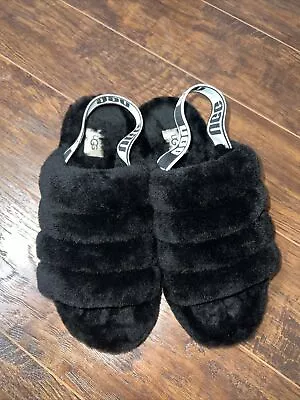 UGG Fluff Yeah Slide Black Fur Slippers Womens Size 9 • $20