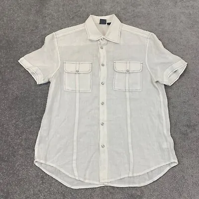 ARMANI EXCHANGE Shirt Men Medium White 100% Linen Pearl Snap Up Short Sleeve Top • $19.99