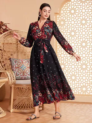 Printed Abaya Women Muslim Long Sleeve Maxi Dress Evening Kaftan Robes Ramadan • £29