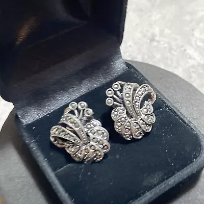 VINTAGE Art Nouveau Clip-On Earrings Silver Tone Marcasite Scroll Pretty Retro • £8.99