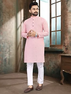 Men Cotton Blend Kurta Pyjama Set - PINK/BLACK • £14.99