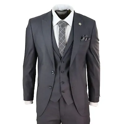 Mens 3 Piece Suit Charcoal Tailored Fit Smart Formal 1920 Classic Vintage Gatsby • $157.29