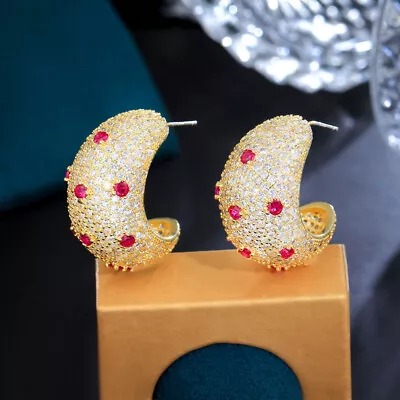 Gold Plated Moon Shape Cubic Zircon Micro Paved Hoop Earrings Drop Bride Jewelry • $10.84