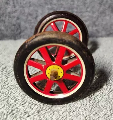 Pair Vintage Tin Toy Tires Wheels On Axle Replacement Parts • $7.77