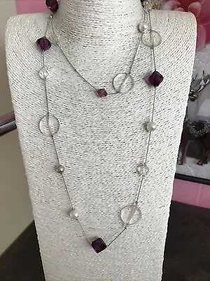 Long Silver Tone Station Bead Necklace • £1.99