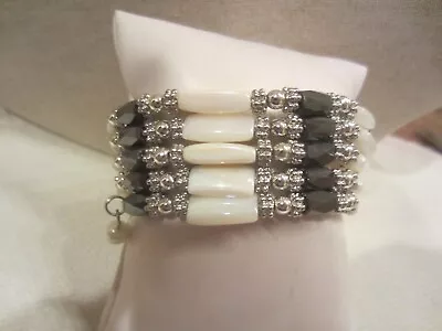 36 Inch Mother Of Pearl Silver & Hematite Magnetic Wrap Bracelet Or Necklace • $5