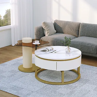 Round Nesting Coffee Tables W/ Drawer Set Of 2 Metal Marble Effect & Glass Top • £70.99