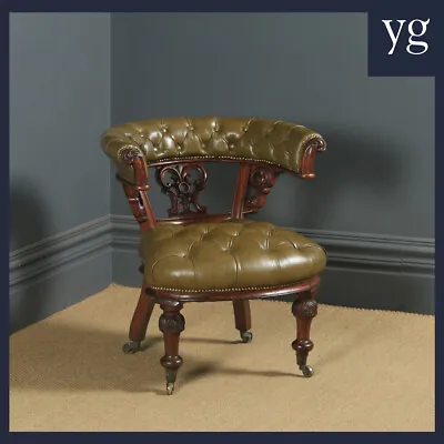 Antique English Victorian Oak & Green Leather Office Desk Arm Chair (Circa 1860) • $2356.15