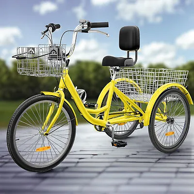 Adult Tricycle Trike 26  3-Wheel 7-Speed Bikes W/Removable Basket Bright Yellow • $239.89