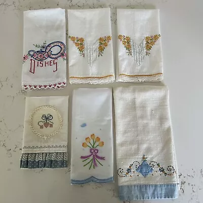 Vintage Mixed Towels Lot Of 6 Assorted Varieties Tea Embroidered Floral Applique • $14.39