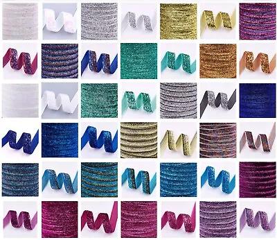 5x Yards 10mm Glitter Sparkly Velvety Polyester Ribbon - Pick Your Colour • £2.99