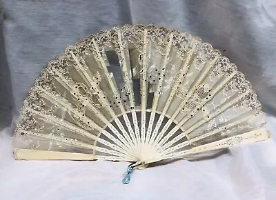 Antique Victorian Floral Lace Bone Hand Ladies Fan “As Is” 17” Wide • $39.95