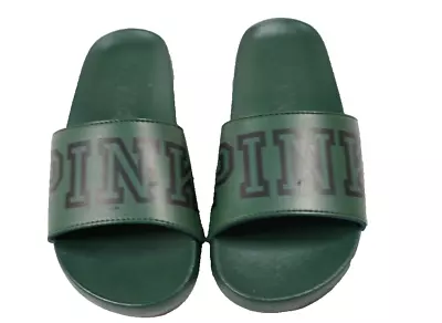 Women's Victoria's Secret PINK Logo Green Single Strap Slides Flip Flops S 6-7 • $19.99