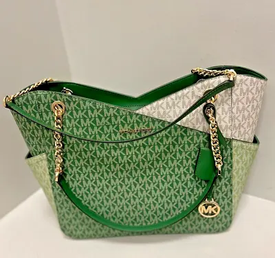 Michael Kors Jet Set Large Chain Mk Signature Logo Tote Handbag Fern Green Multi • $196