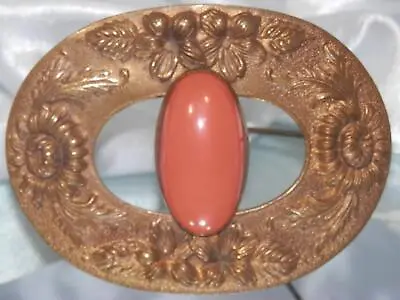 MASSIVE Vintage 1920's Coral Celluloid Beautiful Detailed Brass Brooch 19AG3 • $35.99