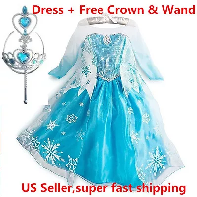 Classic Princess ELSA Dress Cosplay Party Dress Up + Free Crown & Wand • $16.98