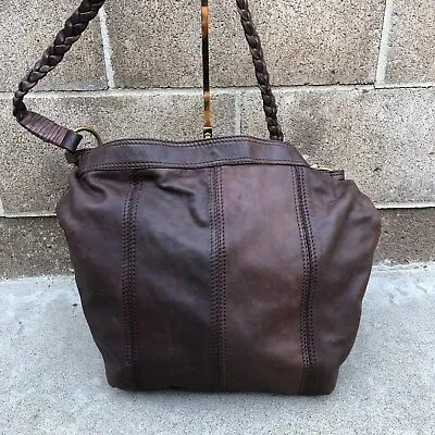 LUCKY BRAND Lamb Leather Purse Brown Braided Shoulder Bag Large Women's • $49.89