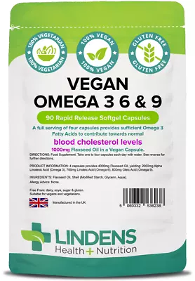 Lindens Vegan OMEGA 3 6 & 9 1000mg Flaxseed Oil In A Vegetarian Capsule • £10.99