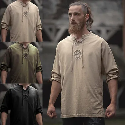 Mens Medieval Viking Piracy Lace Up Tunic Tops Shirt Retro Jumper Costume Blouse • $19.99