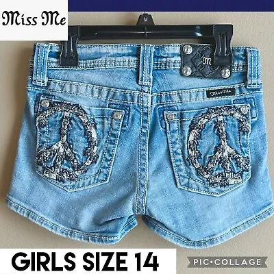 Miss Me Girls Shorts Denim Light Blue Jeans JK5356H2 Peace Sign Pockets Size 14 • $29.88