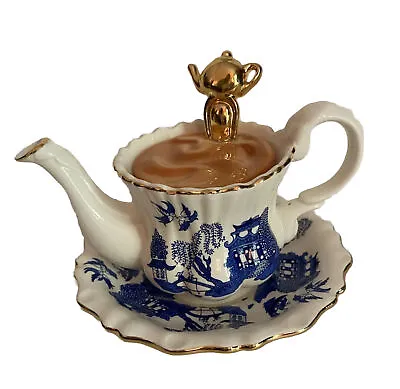 RARE Vtg Mini Cardew Blue Willow Teacup Shaped Teapot With Saucer Spoon • $99